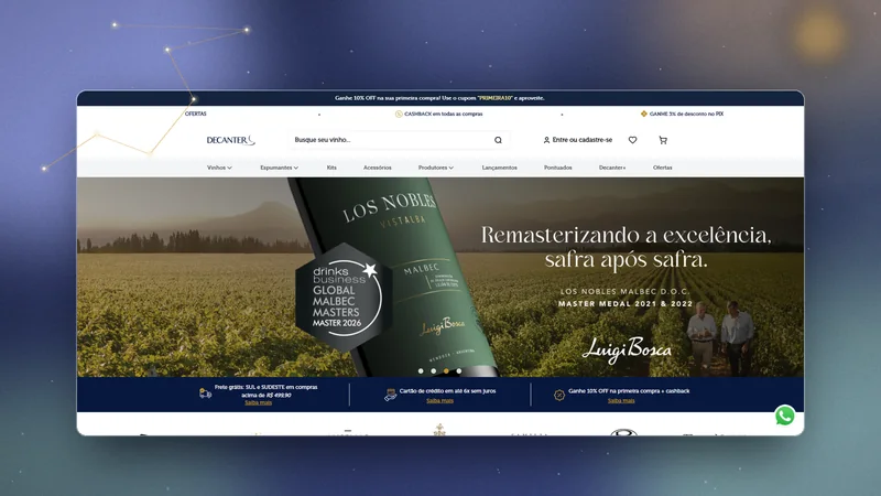 Home page of the Decanter wine store, with a featured Malbec banner.