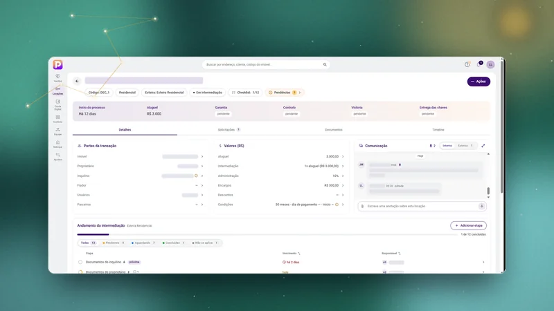 Lease detail screen of a real estate platform, with transaction parties, values and progress steps.